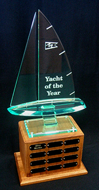 Jade acrylic sailboat perpetual trophy, 12 plates